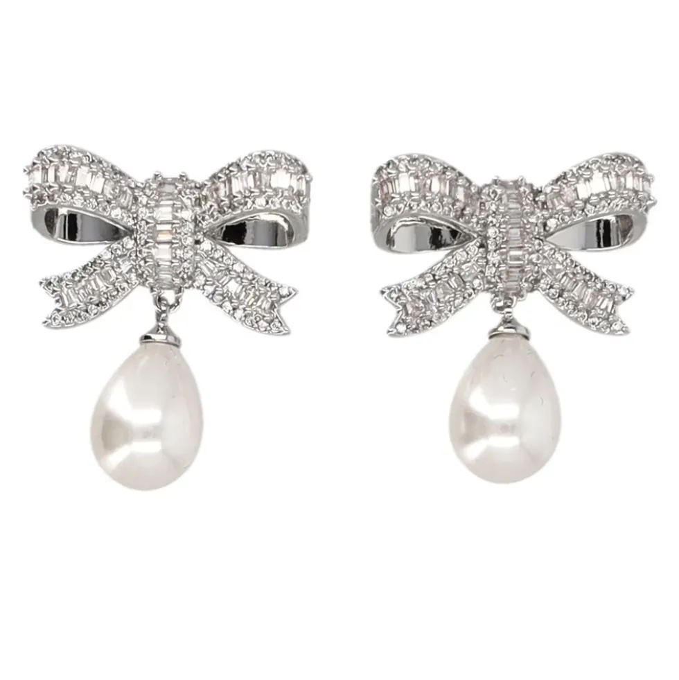 Crystal Bow Pearl Earrings
