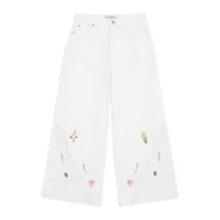 Hvide blomsterbroderede jeans med vide ben