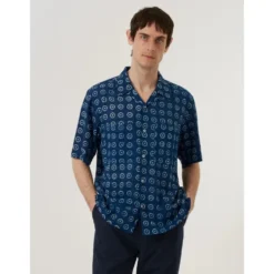 Indigo Block Print Circles Camper Shirt