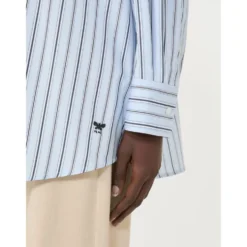 Lang Oversized Stribet Bomuldspoplin Skjorte med Brystlomme og Sommerfuglebroderi