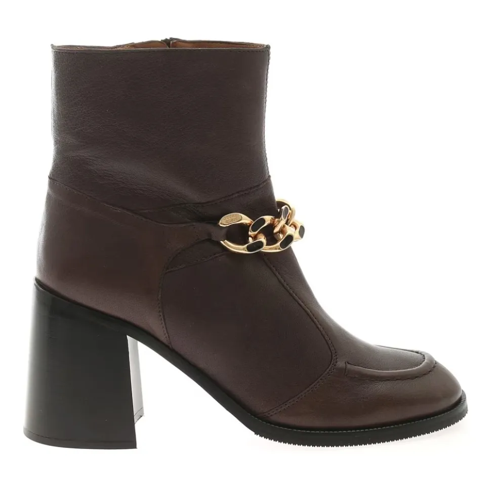 Mahe Booties - Brune Læder Ankelstøvler med Gylden Kæde