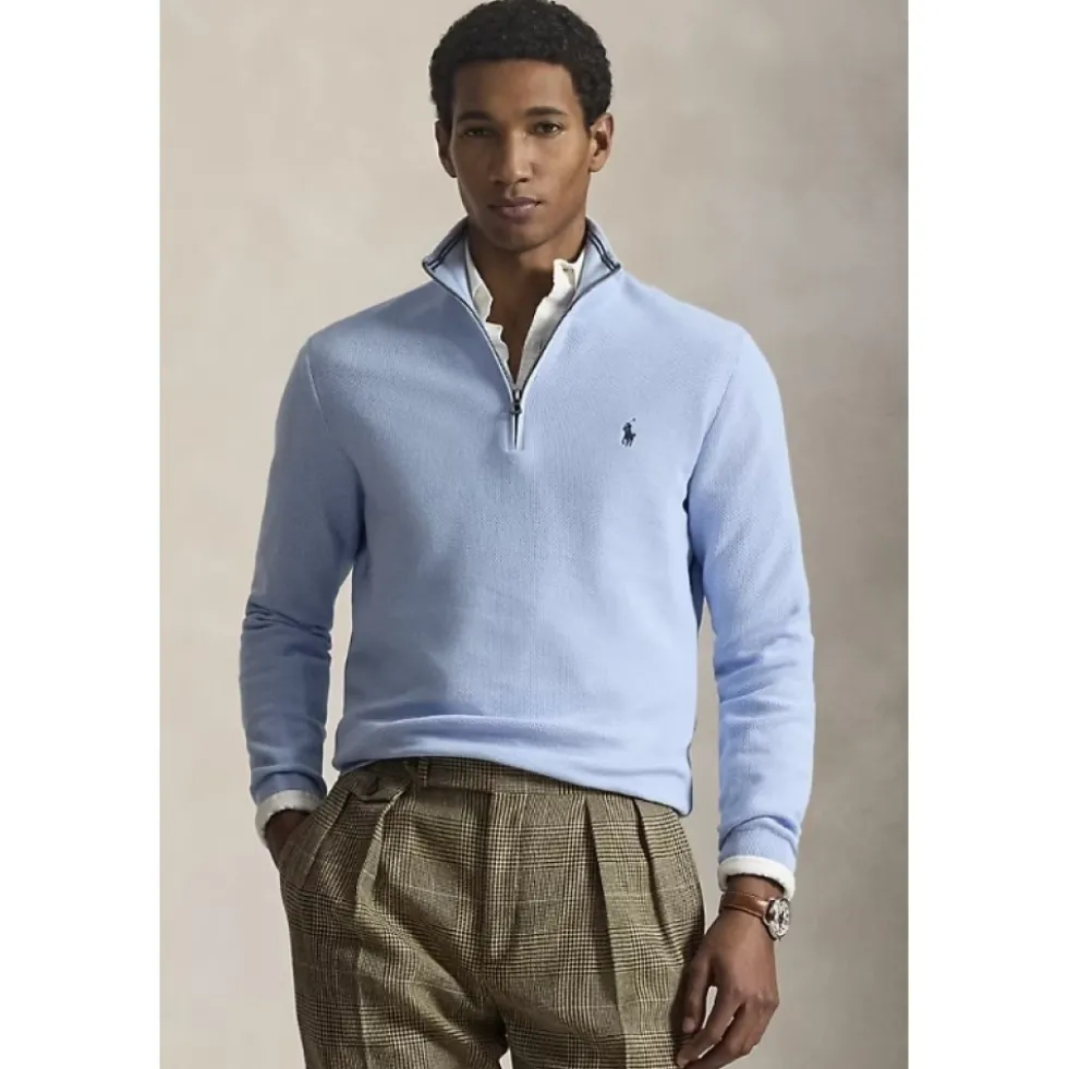 Mesh-Strikket Bomulds Quarter-Zip Jumper