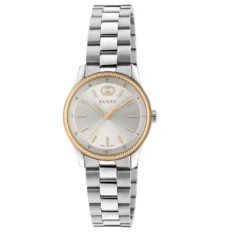 29 mm rustfrit stålkasse, lyserød guldbelagt bezel, sølvskive, rustfrit stålarmbånd, kvartsbevægelse