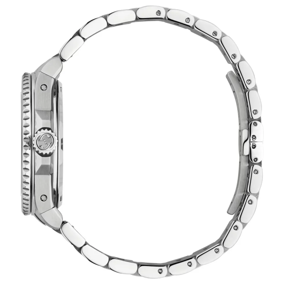 40 mm stålkasse, hvid urskive, grå bezel, stålarmbånd, skruekrone og kassebag