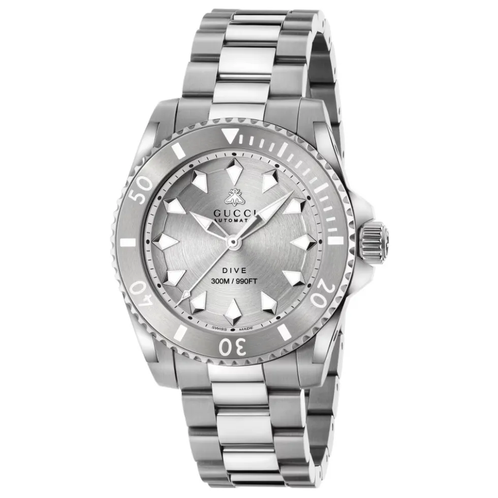40 mm stålkasse, hvid urskive, grå bezel, stålarmbånd, skruekrone og kassebag
