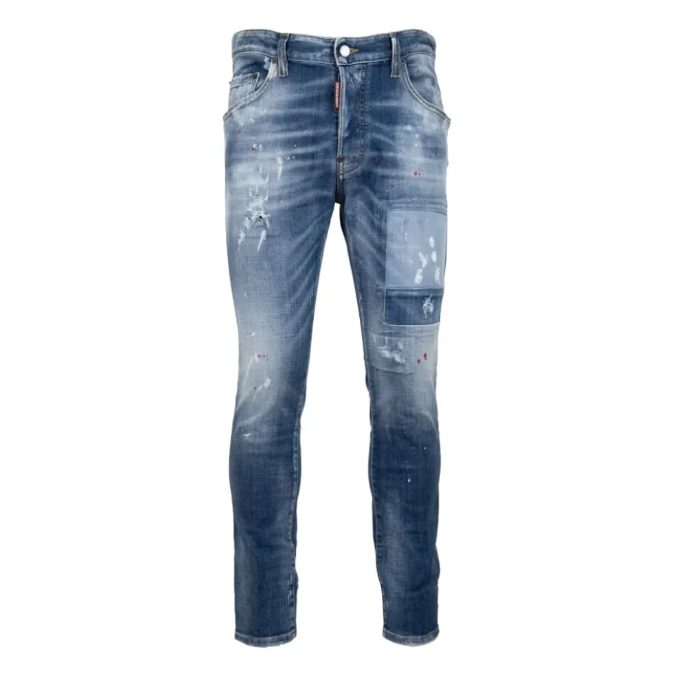 Mænds Knaphul Jeans med Læder Patch