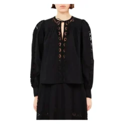 Sort Broderet Bluse med Tyl Detaljer