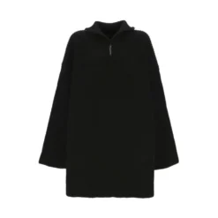 Sort Strik Poncho med Halv Lynlås og Høj Krave