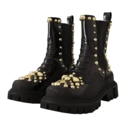 Studded Læder Ankelstøvler med Broderi