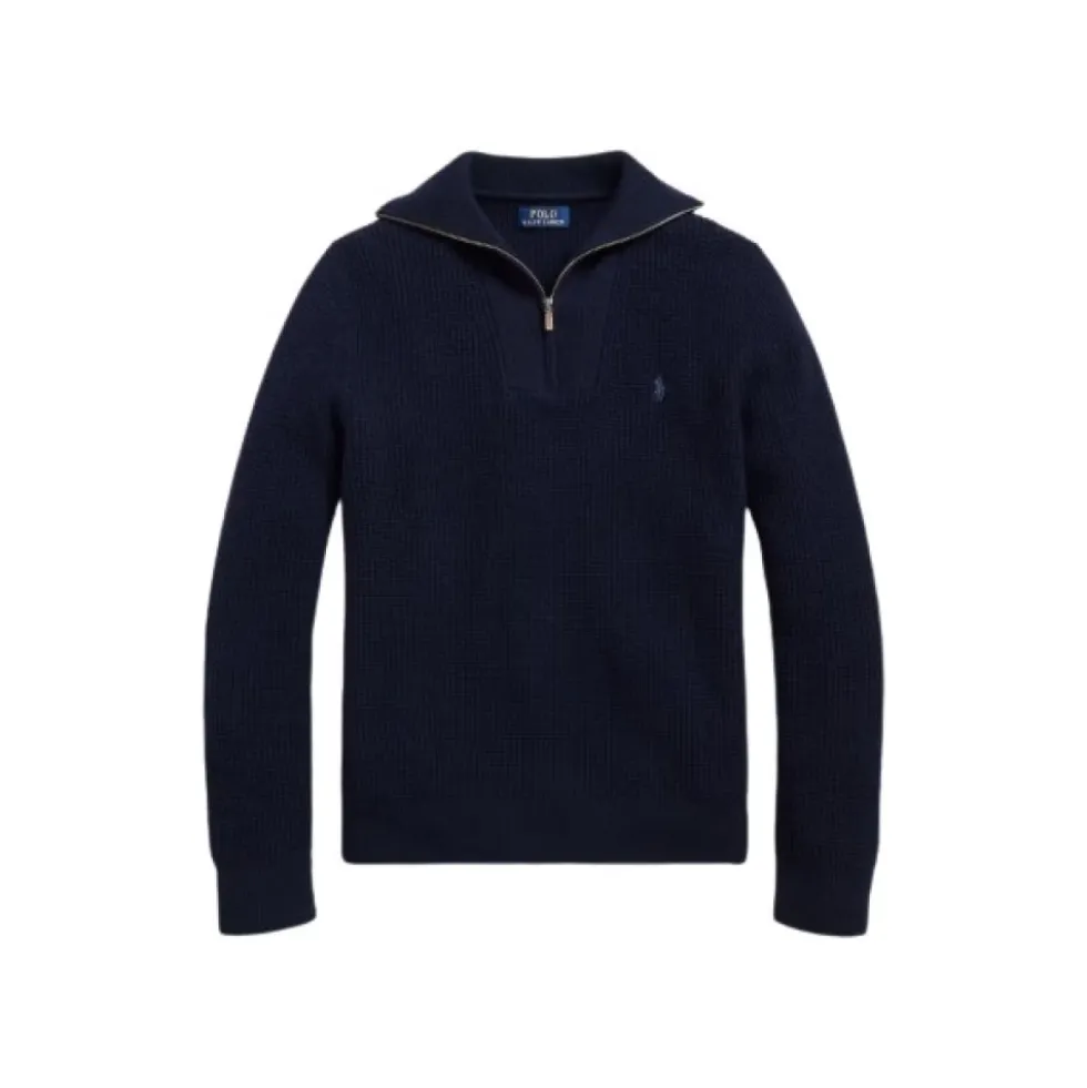 Vaffelstrikket halv lynlås uld bomuld sweater