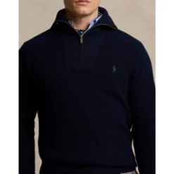 Vaffelstrikket halv lynlås uld bomuld sweater