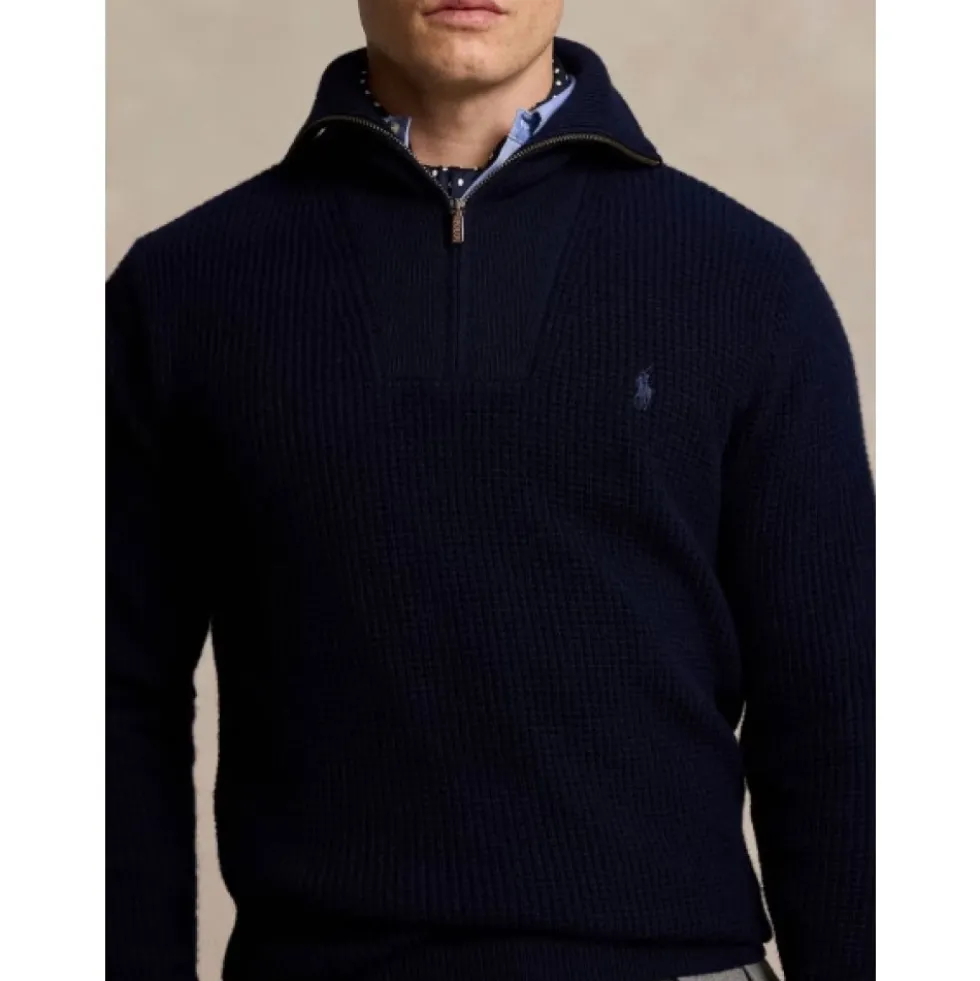 Vaffelstrikket halv lynlås uld bomuld sweater