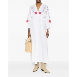 V-neck Broderet Maxikjole