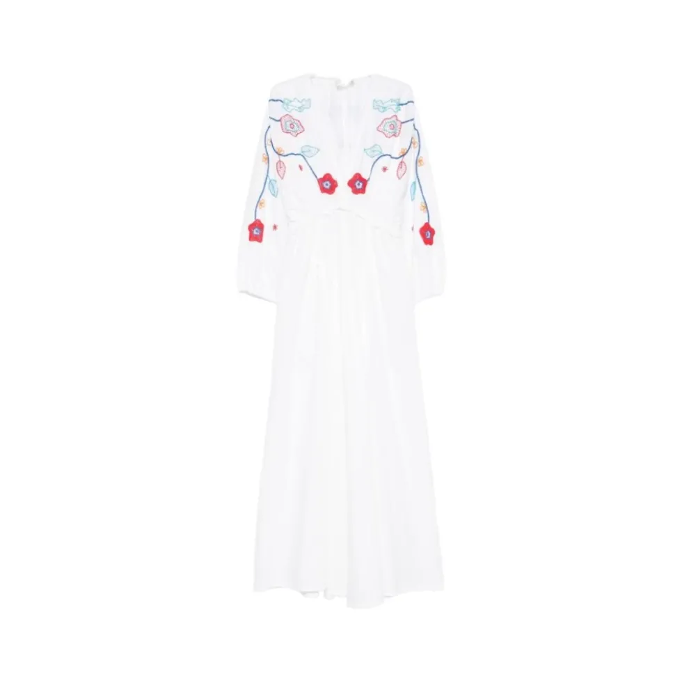 V-neck Broderet Maxikjole